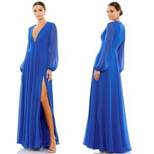 NWT Leena For Mac duggal 55682 Dress Blue Plunged Bishop Sleeve Long Gown Size 6